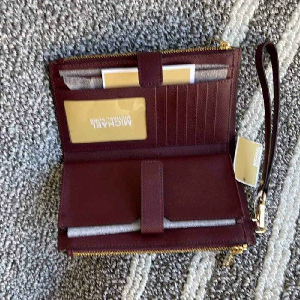 Michael Kors Jet Set Travel Large Double Zip Wristlet Wallet Dark Cherry Leather